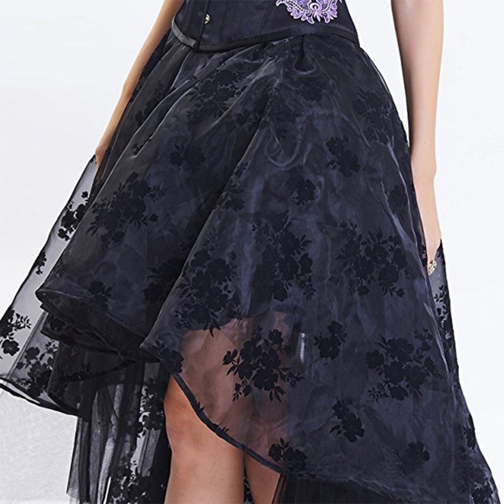 Victorian Gothic High Low Skirt With Black Floral Lace And Layered Mesh Design